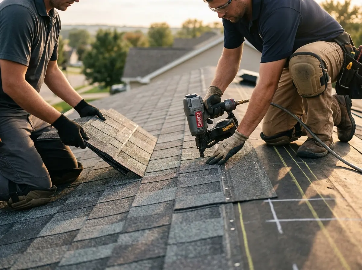 Professional roofer working on a residential roof in Muscatine